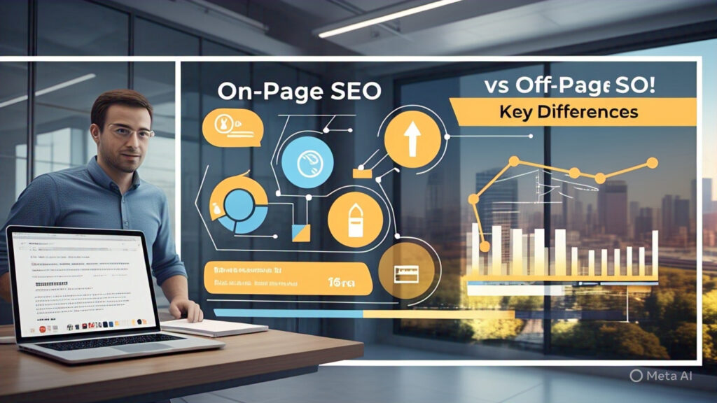 Infographic showing the difference between On-Page SEO and Off-Page SEO with internal and external optimization icons