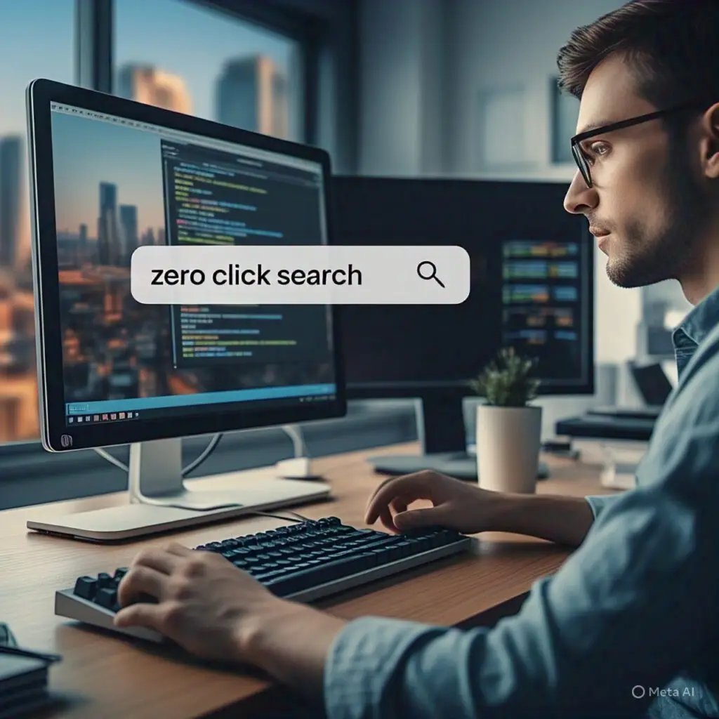 Zero-click search concept showing a search engine results page with answers displayed directly without clicks